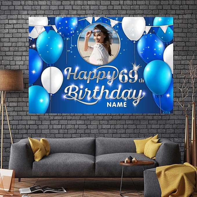 Custom Happy 69th Birthday Decoration Banner - Personalized Navy Blue Birthday Party Banner in Large Sizes-Custom Photos and Names