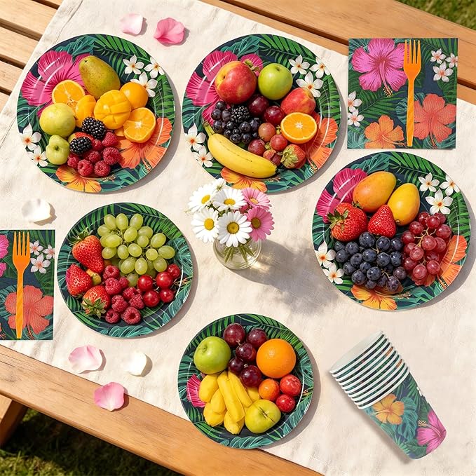 120 Pcs Tropical Hawaiian Aloha Party Supplies, 9 Inch & 7 Inch luau Party Paper Plates with Party Napkins and Disposable Plastic Forks for BBQs, Summer Party, Dinner, Wedding, Birthday, Picnic (Blue)
