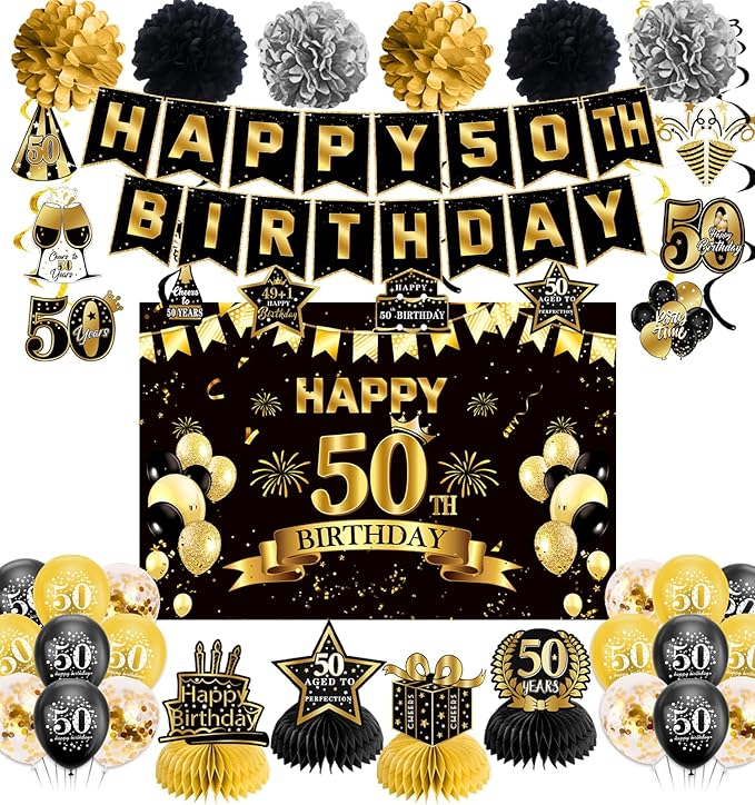 50th Birthday Decorations, Pre-Strung Happy Birthday Banner with Balloons, Backdrop, Honeycomb Centerpieces, Hanging Swirl Streamers, Black Gold Happy Birthday Party Decorations for Men Women