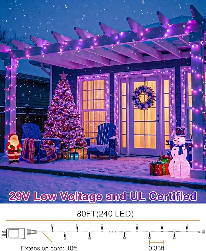 Purple Christmas Lights Outdoor, 80FT 240 LED Plug in String Lights for Outside Waterproof, 8 Modes Connectable Green Wire Fairy Twinkle Light for Indoor Home Xmas Garden Holiday Decorations