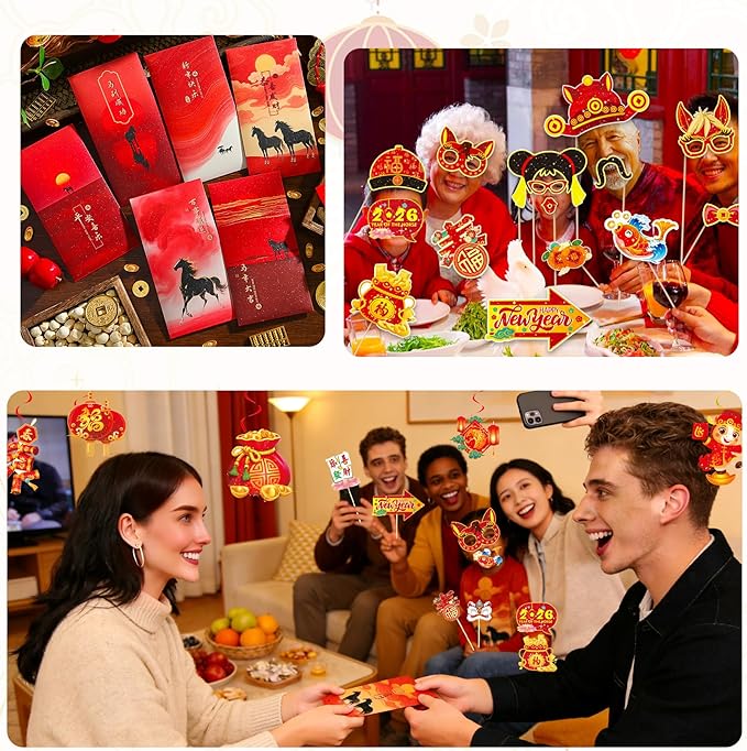 81 Pcs Chinese New Year Red Envelopes Set, Horse-Year Hong Bao Red Packets Party Banners Swirls Selfie Photo Booth Props for Festival Gifts, Chinese Decors Party Favors for Bithday Home Office