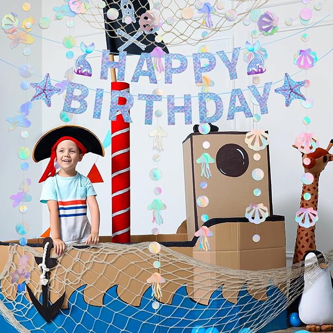 ZERODECO Mermaid Birthday Party Decorations, Iridescent Mermaid Garland, Happy Birthday Banner and Fishnet for Pirate Party, Nautical Decor, Under The Sea Party Decorations