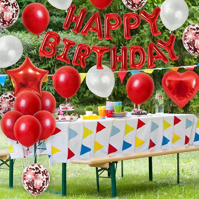Red Birthday Decorations for Girls,Red and White Balloons Happy Birthdays Banner Balloon Heart and Star Foil Balloons for Women Girls Birthday Baby Shower Party Decorations