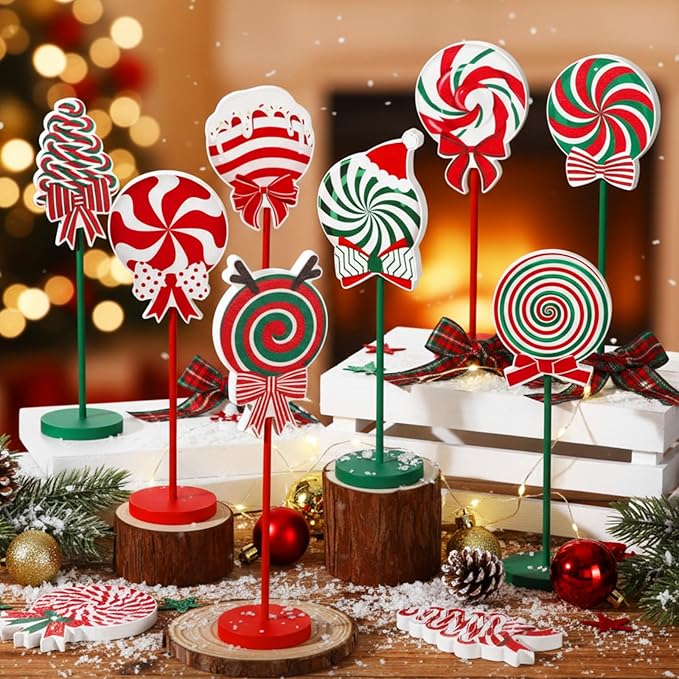 Geelin 10 Pcs Candy Cane Shape Christmas Decorations Wooden Candys Table Centerpiece Sign Decor Xmas Red and Green Tiered Tray for Home Desk Office Party Supplies Decor (Christmas Candy)