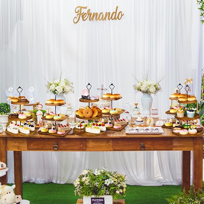 Zopeal 4 Pcs 3 Tier Serving Tray Square Wooden 3 Tiered Cake Stand Round Acacia Wood Serving Stand Rustic Cupcake Stand for Dessert Farmhouse Serving Stand Display for Wedding Tea Party