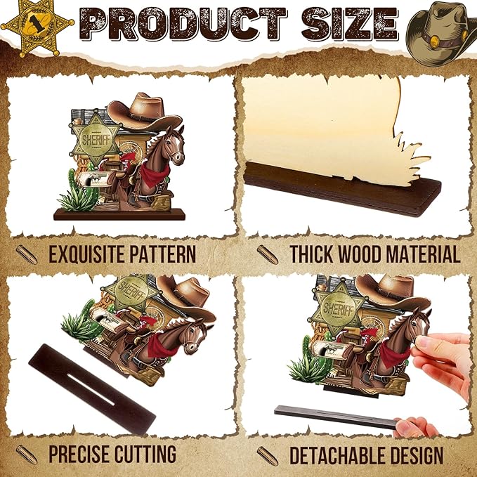 Marsui 12 Pcs Western Centerpieces Wild West Party Decorations 5. 3 Inches Cowboy Wooden Table Decorations for Party Decors Cowboy Birthday Baby Showe Tiered Tray Decor