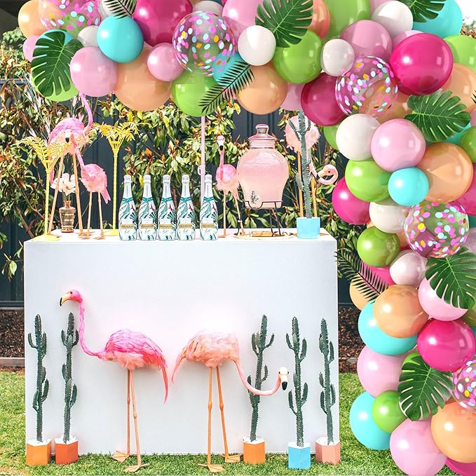 Amandir 151PCS Tropical Balloons Arch Garland Kit, Green Hot Pink Confetti Latex Balloons Palm Leaves for Tropical Hawaii Flamingo Birthday Baby Shower Wedding Party Decorations Supplies