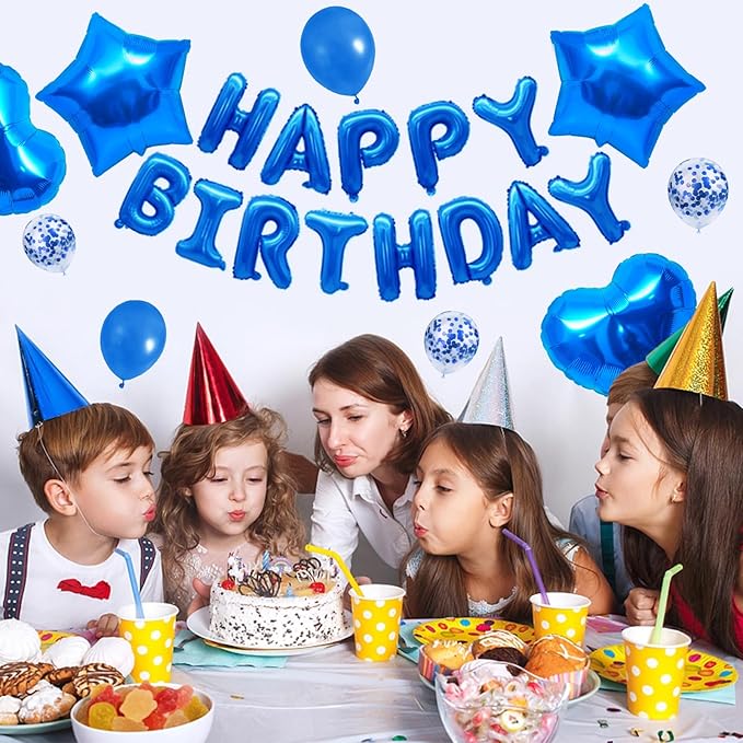 CANREVEL Happy Birthday Balloons Banner 16 Inch Mylar Foil Letters with Star & Heart Balloons Birthday Party Decorations for Men and Women - 30 Pcs Blue