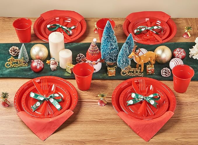 175 PCS Red Plastic Dinnerware Set Includes 50 Plates, 25 Cups, 25 Napkins, 25 Cutlery Spoons Forks & Knives, Disposable Dinnerware Set, Red Party Supplies Set