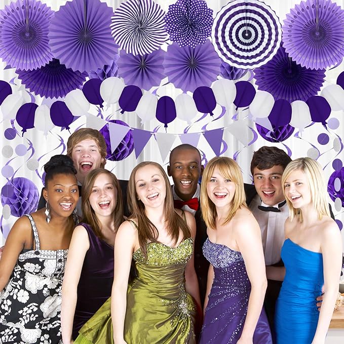 Purple Party Decorations, Birthday Party Supplies Easy Assembly Paper Fan Honeycomb Ball Garland Hanging Swirl for Graduation Birthday Baby Shower Bridal Shower Wedding Party Decorations
