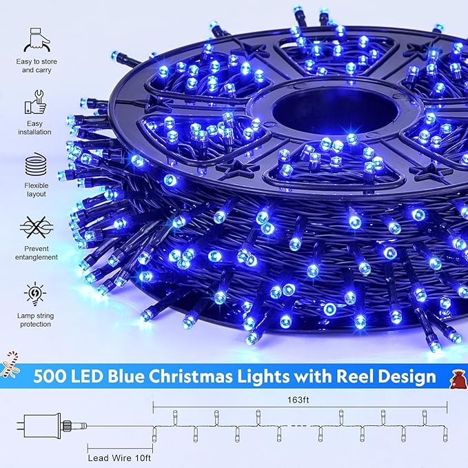 JMEXSUSS 500 LED Blue Christmas Lights Outdoor, 173ft 8 Modes Christmas String Lights, Waterproof Blue LED Tree Light Plug in for Indoor Party House Xmas Decor