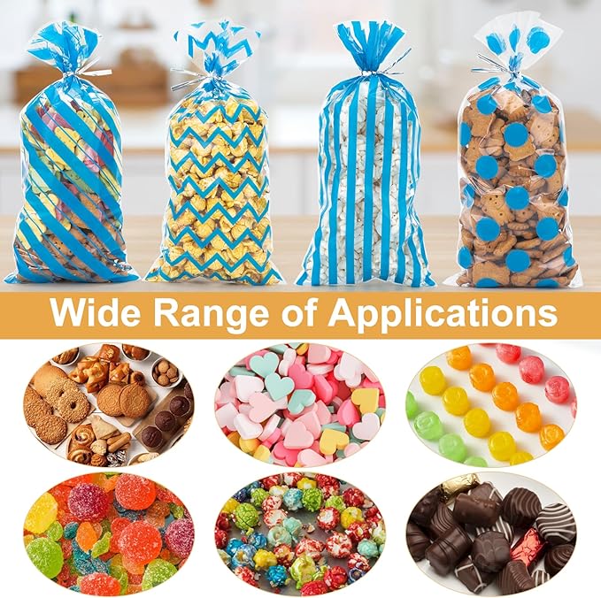 Aubeco 120 Pack 10.6x5.1 Inch Cellophane Treat Bags with Ties - Polka & Blue Stripes Candy Gift Baggies for Birthday, Wedding Party Favors, Snack Packing Supplies