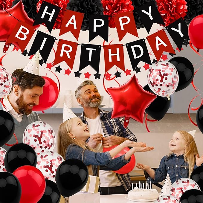 Black and Red Birthday Decorations - Happy Birthday Banner for Boys Girls Men Women Party Supplies