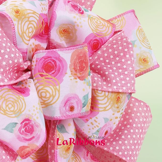 LaRibbons Pink Floral Ribbon Wired 2 Rolls 2.5 Inch x 20 Yards TTL, Rose Flower and Polka Dot Burlap Ribbon for Spring Summer Mothers Day Crafts Gift Wrapping Wreath Bow Decoration