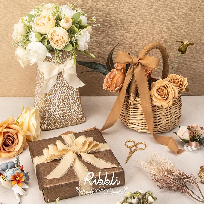 Ribbli 3 Rolls Beige Ribbon 1 Inch x 18 Yards Ivory Nude Khaki Handmade Cotton Frayed Fringe Ribbons for Gift Wrapping Wedding Invites Bridal Bouquets Baby Shower DIY Crafts Home Decor