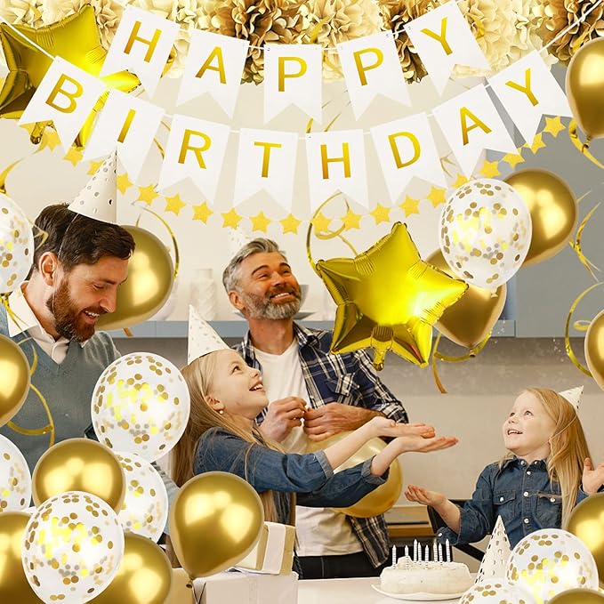 Gold Birthday Party Decorations - Banner, Pompoms, Confetti, Balloons, Garland for Boys, Girls, Women, Men's 6th to 70th Birthday