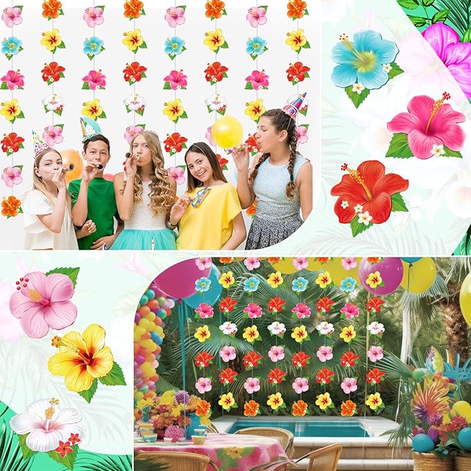 Daifunli 8 Pcs Hawaiian Luau Party Decorations Hibiscus Flower Hanging Garlands Banner Tropical Hawaiian Paper Cutouts Streamer for Wall Ceiling Summer Aloha Beach Pool Havana Nights Party Supplies
