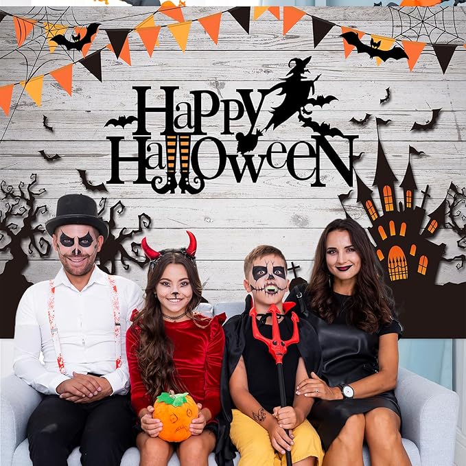 Mocsicka Happy Halloween Backdrop Spider Web Witch and Flying Bats Photography Background Wooden Floor Halloween Party Cake Table Decoration Banner Photo Booth Props (7x5ft)