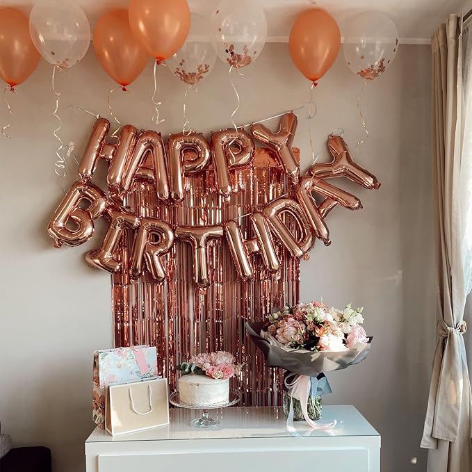 Rose Gold Happy Birthday Balloon Banner, 16 Inch Foil Mylar Happy Birthday Balloons Letters, Reusable Happy Birthday Sign, Rose Gold Birthday Decorations for Women and Girls