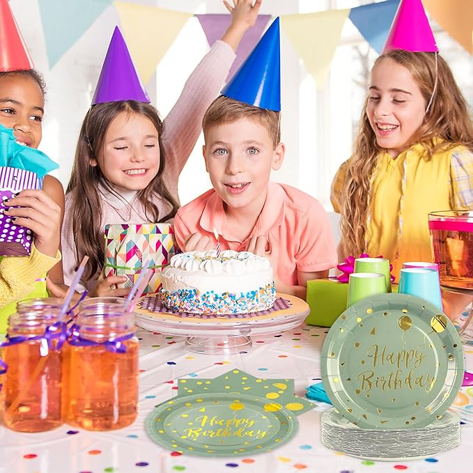 96PCS Happy Birthday Plates and Napkins Party Supplies, Sage Green and Gold Disposable Paper Plates and Napkins with Forks Tableware Set for Birthday Party Decorations 24 Guests (Birthday Sage Green)