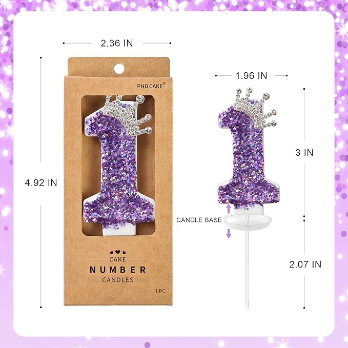 Birthday Number Candles,Purple Crown Birthday Candles for Cake,Glitter Number 1 Candle Cake Topper with Sequins for Anniversary Celebrations Supplies