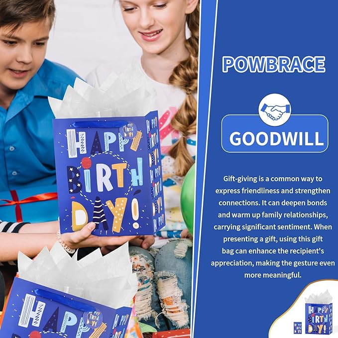 Powbrace 13" Blue Happy Birthday Bag with Tissue Paper and Greeting Card for Party,Happy Birthday Gift Bag for Boys, Girls, Kids, Men Women,Gift Bags Medium size (2 PCS Blue, Gift Bag)