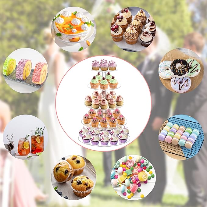 YestBuy 5 Tier Round Acrylic Cupcake Tree Tower Display Stand Display for Pastry Wedding Birthday Party (5 Tier Round (4" Between 2 Layers))