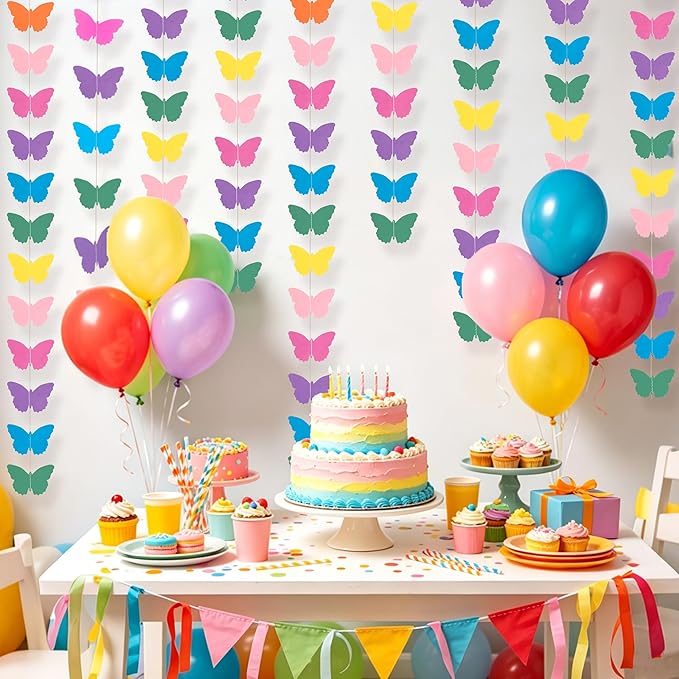 42FT Colorful Rainbow Butterfly Garland, Paper Hanging Butterfly Streamers, Colorful Hanging Decorations for Birthday, Wedding, Baby Shower, Classroom, Graduation Party Supplies
