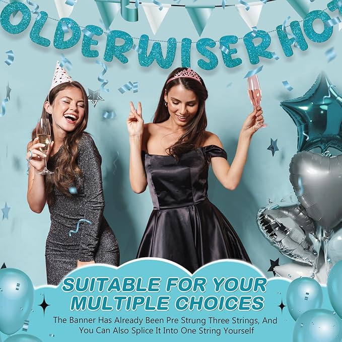 Fulmoon Set of 3 Pre Strung Older Wiser Hotter Glitter Banner Funny Birthday Banner for Women 30th 40th 50th 60th 70th 80th Birthday Party Decorations Sign Gift(Teal)