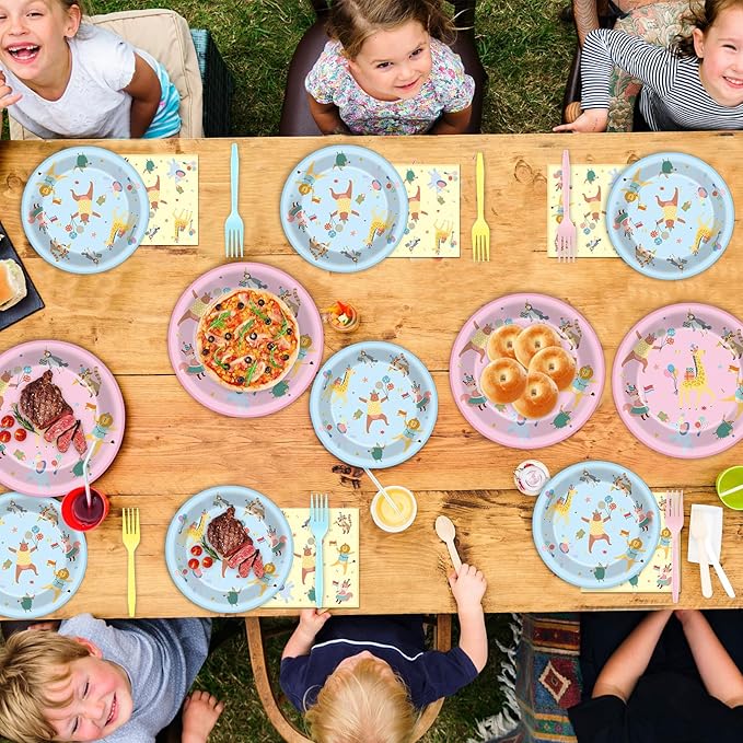 96Pcs Animal Party Supplies Pastel Animal Paper Plates and Napkins Jungle Safari Theme Tableware Decorations Set for Kids Girls Birthday Baby Shower Celebration Party Favor Serves 24