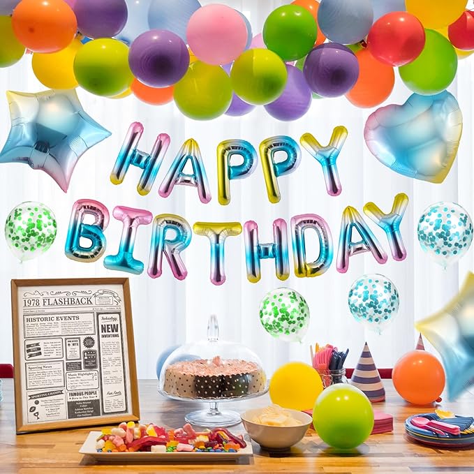 CANREVEL Happy Birthday Balloons Banner 16 Inch Mylar Foil Letters with Star & Heart Balloons Birthday Party Decorations for Men and Women - 29 Pcs Gradient