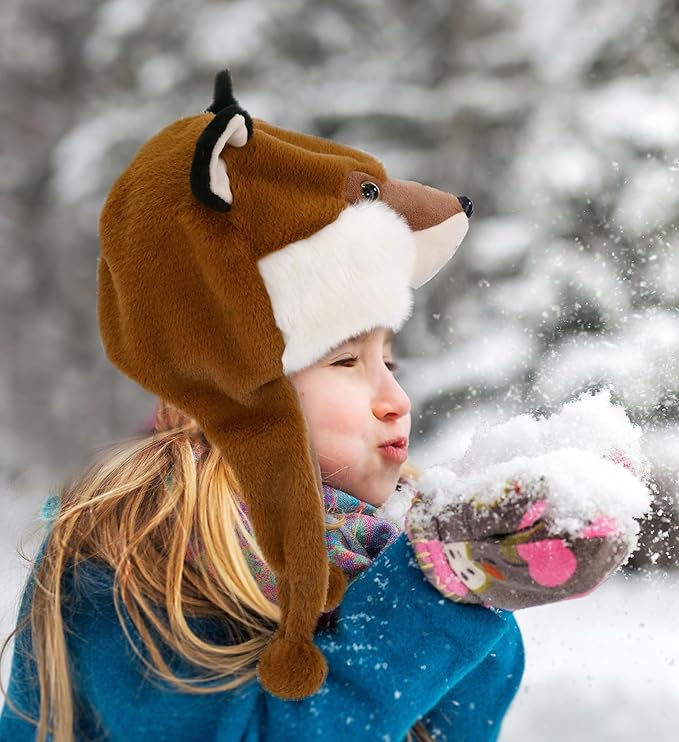DolliBu Plush Hat – Super Soft Fleece Stuffed Animal Beanie with Ear Flaps, Cozy Warm Winter Hat for Kids – One Size
