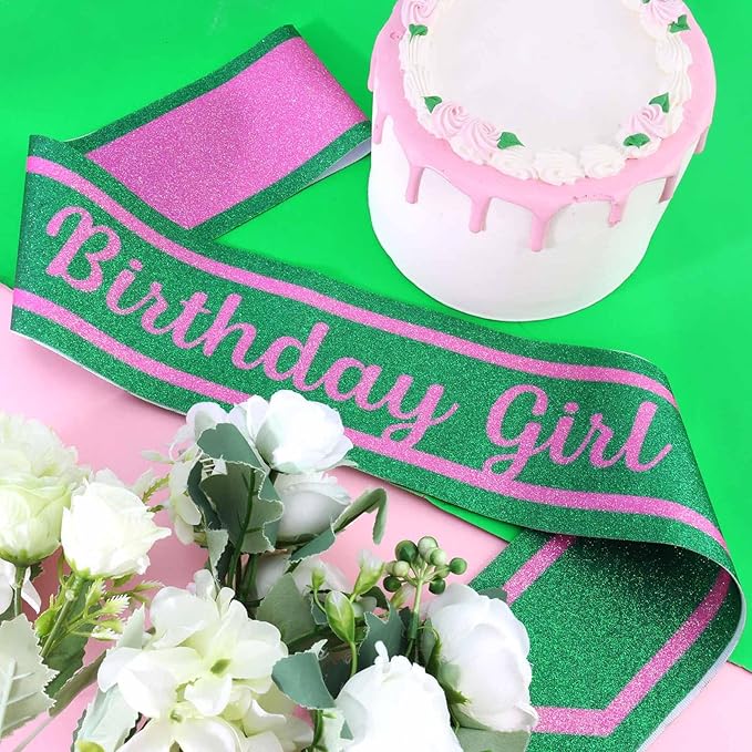 Pink Green Birthday Sash for Girls, Letter "Birthday Girl" Witch Themed Sash with Glitter Foil, Happy Funny Accessories for Party Favors Supplies