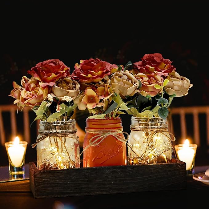 Mason Jar Centerpiece Table Decor for Dining Room Fall Farmhouse Coffee Table Decor with Wood Tray Fairy Lights Fake Flowers for Kitchen Living Dining Room - Orange