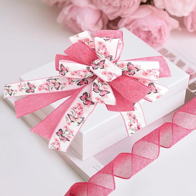Pink Wired Ribbon for Wreath Bows, 2 Rolls, 2.5″ Wide, 10 Yards Total, Summer Pink Butterfly Floral Wired Ribbons for Crafts Supplies, Rustic Party, Wedding Ribbon Bow Decor