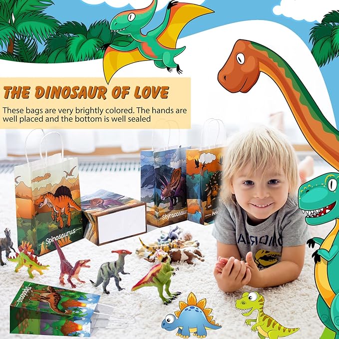 Pajean 24 Pcs Dinosaur Candy Bags with Handle, Dinosaur Party Favor Paper Bags Kids Gifts Goodie Treat Wrapping for Boys Girls Dino Theme Birthday Baby Shower Party Supplies(Vivid Style)