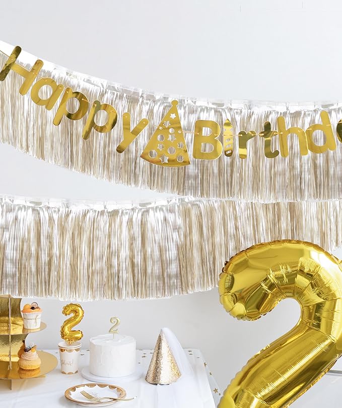 Premium Matte Champagne Gold Fringe Tassel Garland Banner -4 Layers Thick, 2 Pack | LILF Metallic Tinsel Streamers for Party Decorations Birthday Wedding Photo Booth Wall Hanging Decor