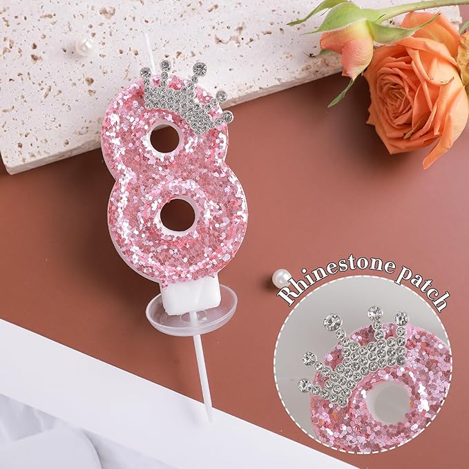 Birthday Number Candles,Pink Crown Birthday Candles for Cake,Glitter Number 7 Candle Cake Topper with Sequins for Girls,Women, Anniversary Celebrations Supplies (Pink 7)
