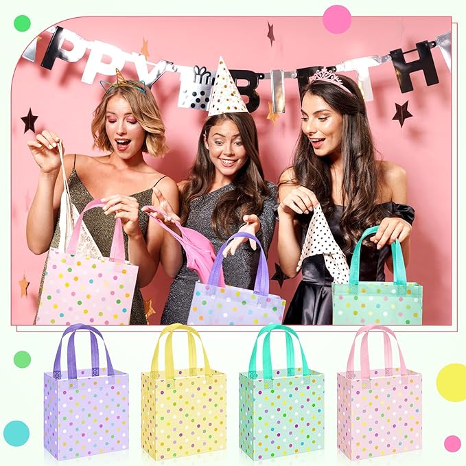 Sweetude 16 Pcs Pastel Spring Gift Bag with Handles Polka Dots Non Woven Reusable Goodie Bags for Mother's Day Women Wedding Birthday Baby Shower Party Favors