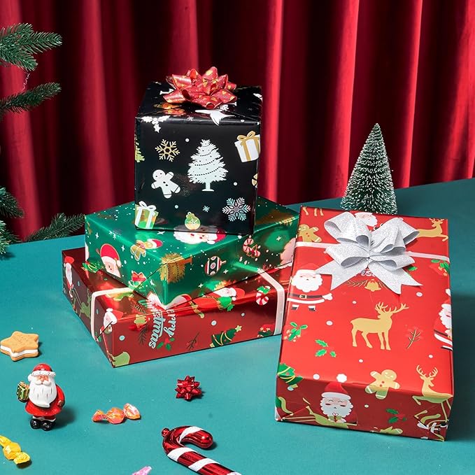 WERNNSAI Christmas Kids Wrapping Paper - 3 Rolls 17" x 120" Kids Christmas Foil Wrapping Paper Rolls Girls Boys Christmas Santa Wrapping Papers Christmas Birthday Gift Wrap Paper with Cutting Line