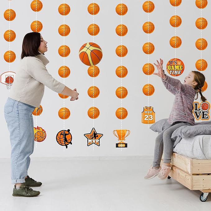 Basketball Party Decorations 8 Pcs Basketball Garland Banner Pre-Strung Basketball Hanging Garland Decor for Home Classroom Sports Themed Birthday Party Game Fans