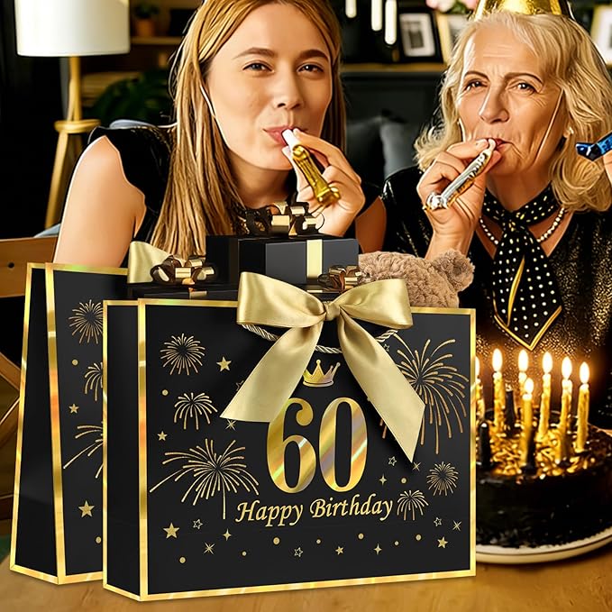JMANNI Black Gold 60th Birthday Gift Bag with Card and Tissue Paper, 12.6"×9.84"×3.9" Elegant Present Bag for Men Women, 60 Year Old Birthday Keepsake Party Supplies