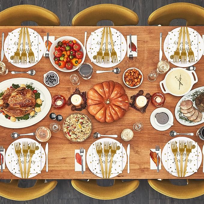 48PCS Happy Birthday Plates and Napkins Party Supplies, White and Gold Disposable Paper Plates and Napkins with Forks Tableware Set for Birthday Party Decorations 16 Guests