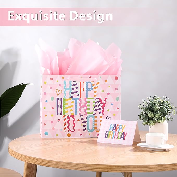 Bobobag 13" Large Gift Bag with Tissue Paper and Greeting Card,Pink Happy Birthday gift bags for Girls