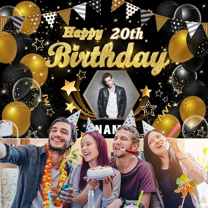 Custom Black and Gold Happy Birthday Backdrop Banner Personalization Black and Gold Sign Poster Large Fabric Glitter Balloon Fireworks Sign Birthday Photo Backdrop Backgroud