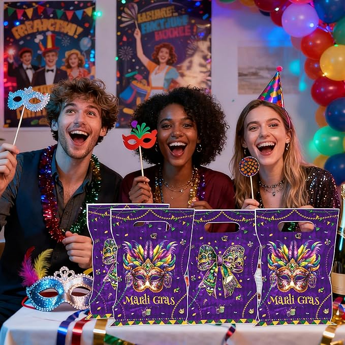 MOIZYNG 50 Pcs Mardi Gras Gift Bags with Handles, Purple Green Masquerade Mask Bow Plastic Treat Goodie Bags for New Orleans Carnival Birthday Mardi Gras Party Favors Supplies