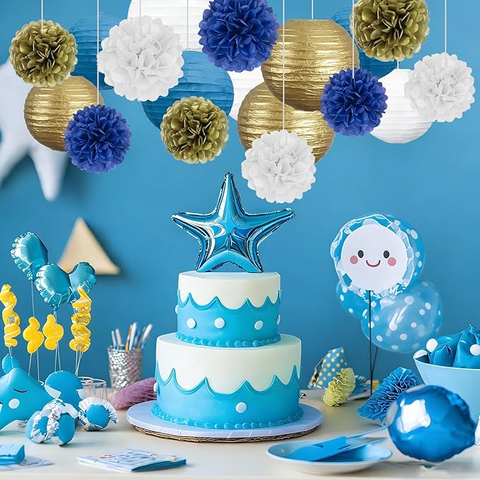 18 PCS Blue White Gold Paper Lanterns & Tissue Paper Pom Poms for Men's Birthday, Graduation 2026, Wedding, Hanging Paper Party Decoration Set for Indoor Outdoor Events Theme Party Supplies