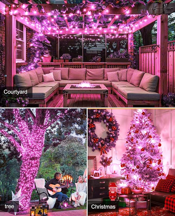 Pink Christmas String Lights, 40FT 120 LED Christmas Lights Outdoor Waterproof, 8 Modes Connectable Fairy Twinkle Lights for Outside House Garden Patio Party Holiday Decorations