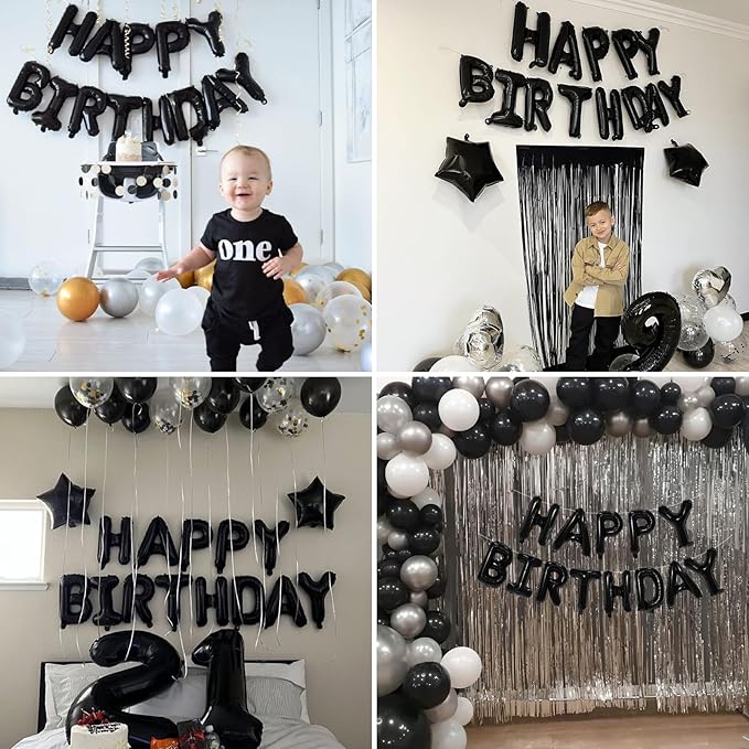 Black Happy Birthday Balloon Banner, 16 Inch Foil Mylar Happy Birthday Balloons Letters, Reusable Happy Birthday Sign, Black Birthday Decorations for Women, Men, Boys and Girls