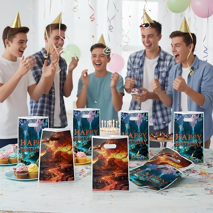 Andi Cppss Movie Theme Party Favor Bags - 50PCS Double-Sided Water Fire Themed Favor Goodie Bags for Birthday Party Decorations Volcano Plastic Gift Bag with Handle for Movie Lover Birthday Supplies
